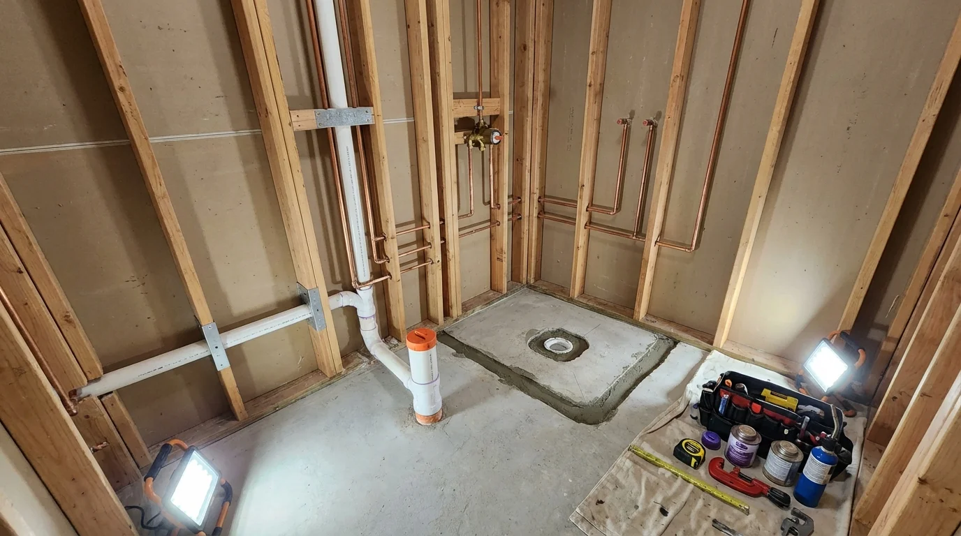 Bathroom rough-in plumbing during remodel by Johns Plumbing LLC in Nicollet