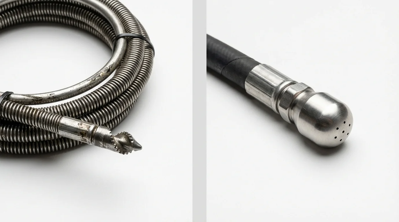 Drain snake cable and hydro jetting nozzle used for drain cleaning in Nicollet, MN