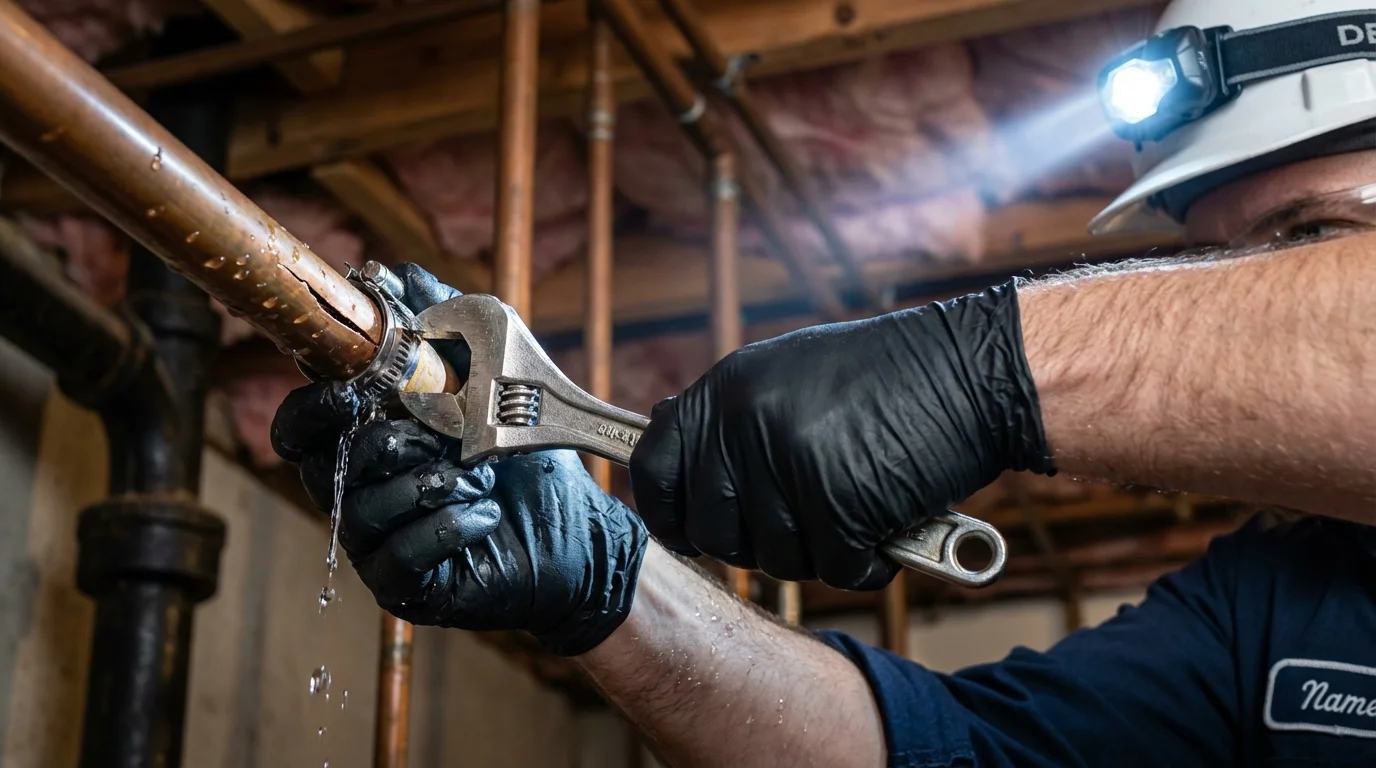 Emergency pipe clamp repair being performed by a Johns Plumbing LLC plumber in Nicollet