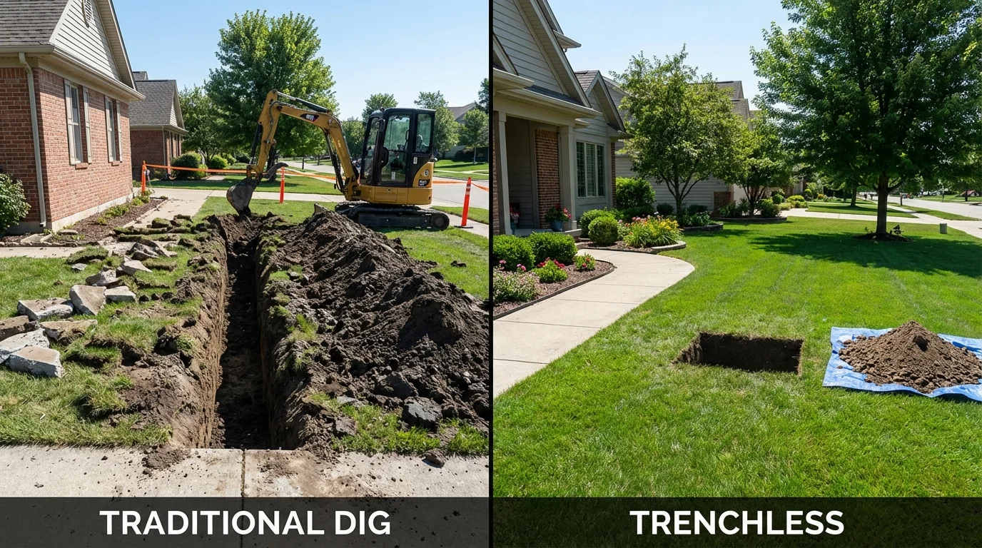 Trenchless sewer repair with minimal yard damage versus traditional excavation in Nicollet, MN
