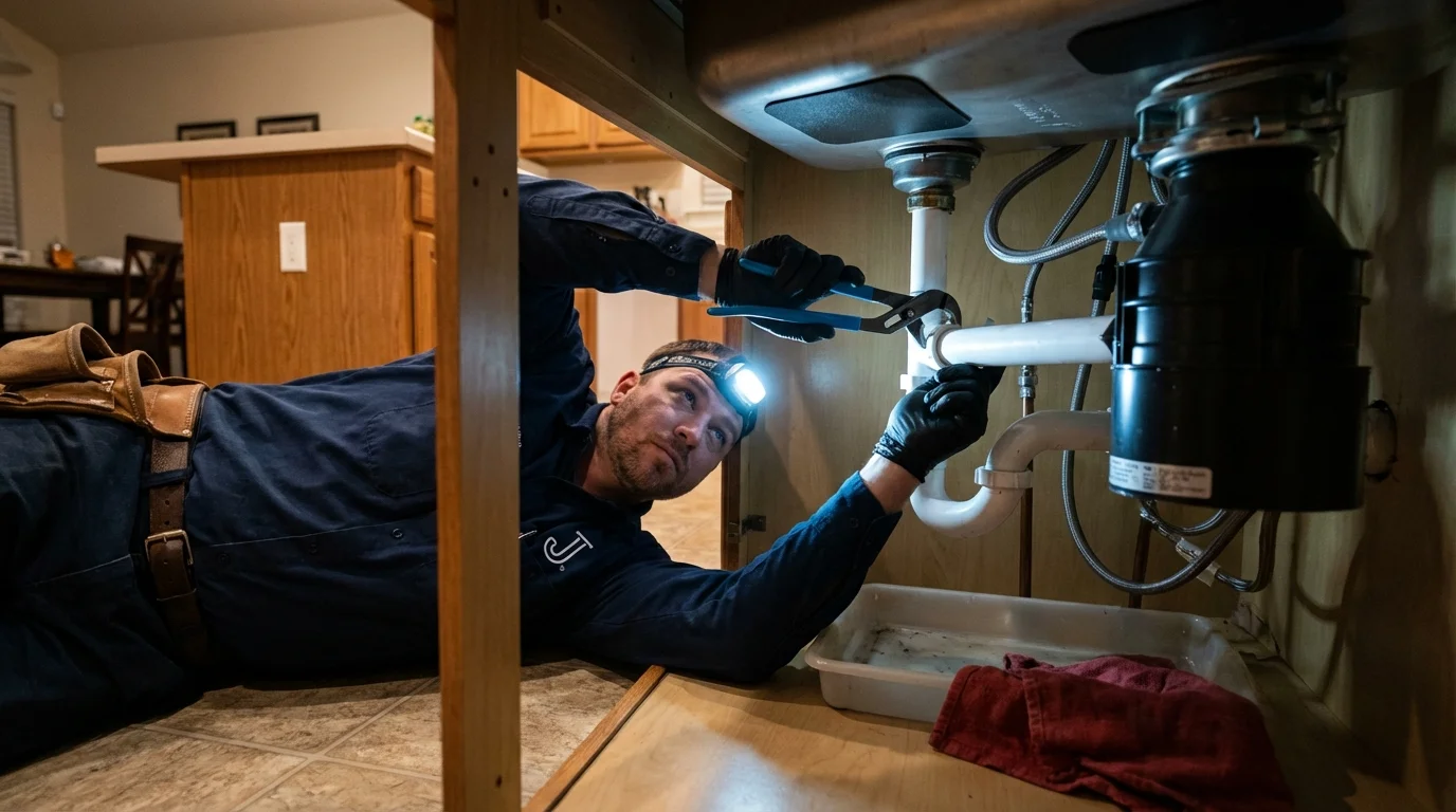 P-trap and supply line connections under a kitchen sink showing a common leak point in Nicollet, MN